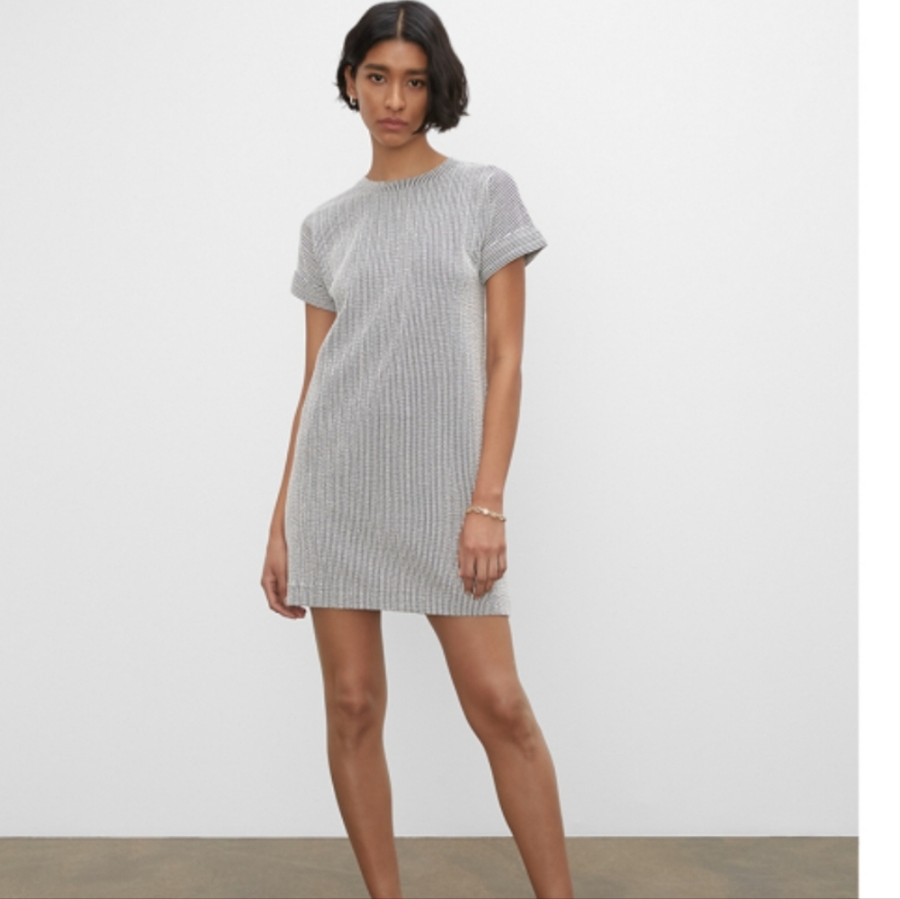 Club Monaco Black and White Striped Textured Short Sleeved Mini Dress